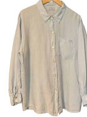 Willow 100% Linen Shirt M Lagenlook Long Sleeve Collared Blue Button Front